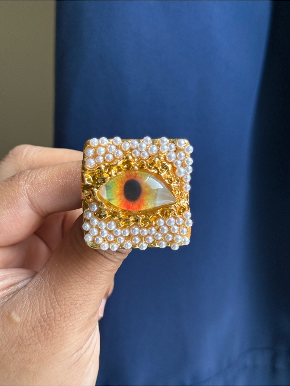 Schiaparelli Inspired Gold Pearl Evil Eye adjustable Ring